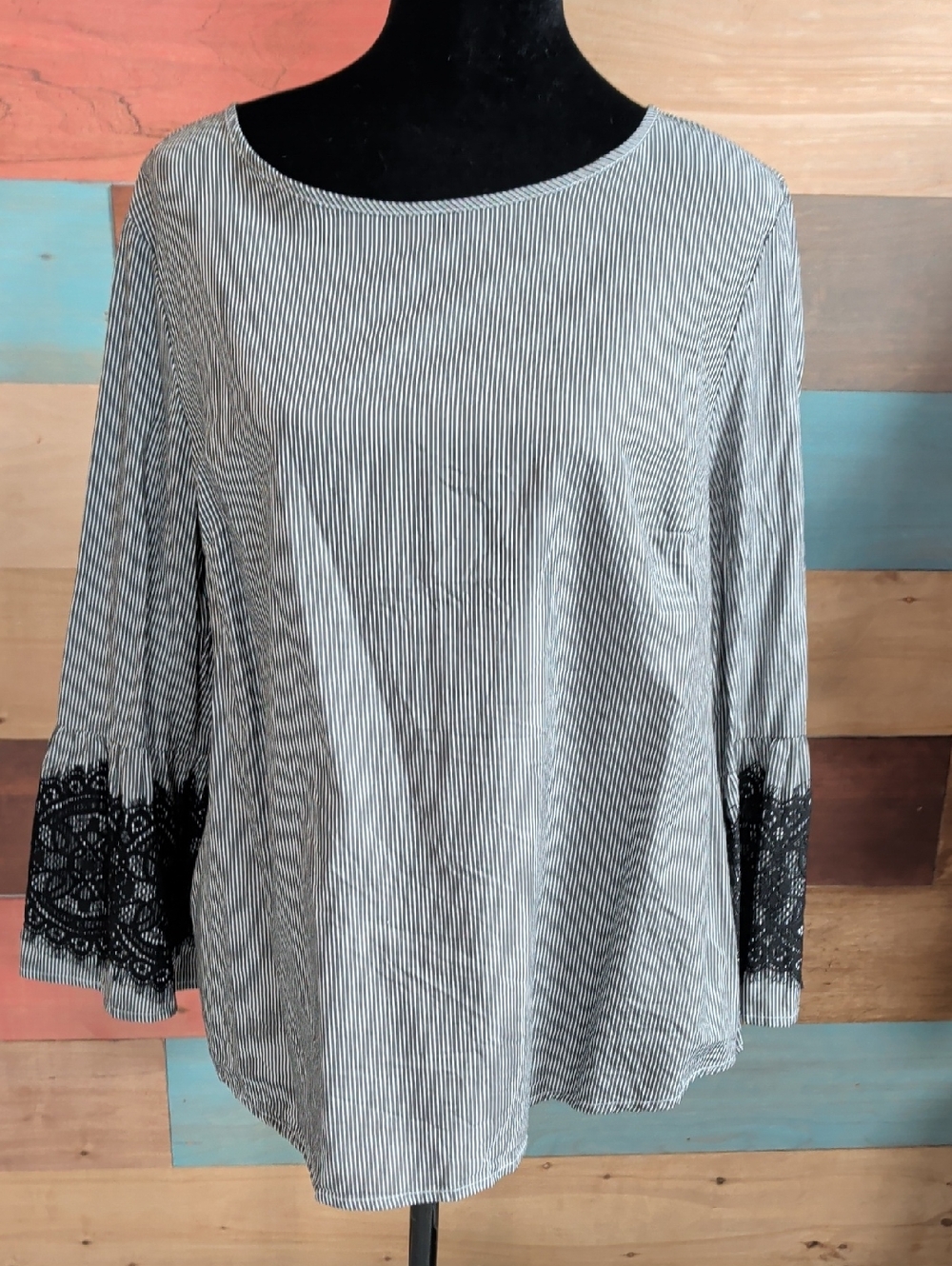 Black & White Striped Blouse with Black Lace Bell Sleeves